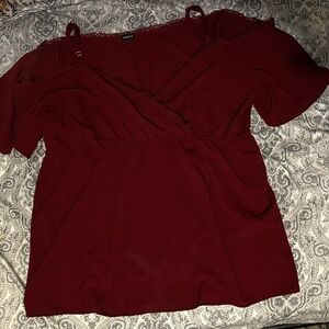 Taylor Crimson Wrap Blouse with Lace Trim